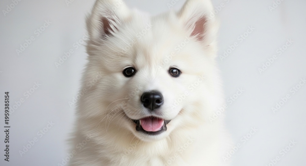 Fototapeta premium A white Samoyed dog with fluffy fur, standing against a plain white background, looking directly at the camera with a happy expression.