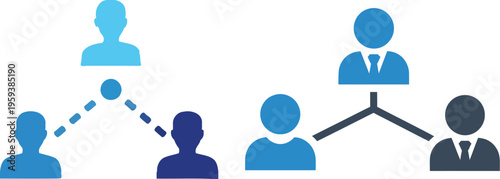 Business hierarchy illustration showing team structure and management connections in blue tones
