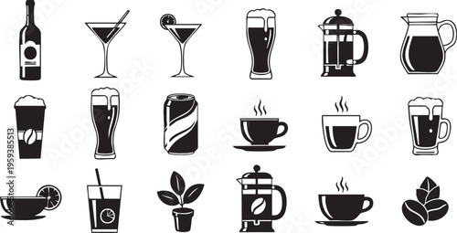 Black and white collection of beverage black and white drink symbols food and drink coffee