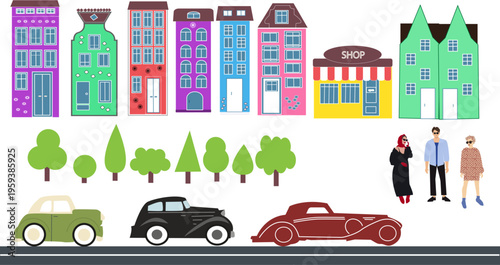City set with buildings people cars trees