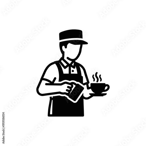 Simple Black and White Illustration of a Barista Holding a Coffee Cup