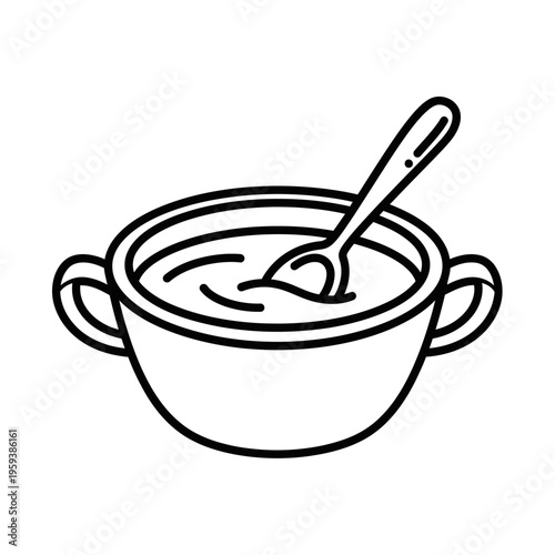 Simple Black and White Illustration of a Cooking Pot with a Stirring Spoon