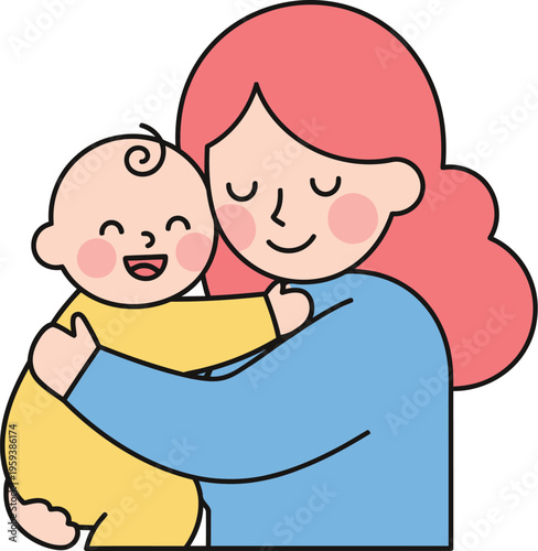 Content mother with closed eyes gently embraces her laughing baby wearing a yellow outfit.