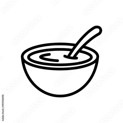 Simple Black and White Line Drawing of a Soup Bowl with Spoon for Food and Culinary Concepts