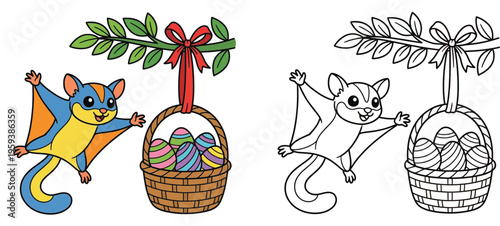 Colorful Sugar Glider with Hanging Easter Basket Cartoon & Line Art