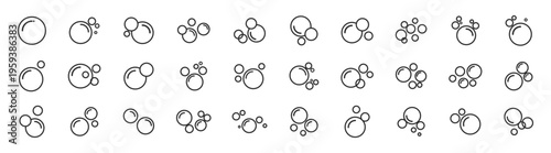 Soap foam bubbles vector icon set, clean water detergent hygiene symbols, minimal outline round bubble collection isolated on transparent background