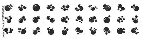 Soap foam bubbles glyph icon set, black solid cleaning water detergent hygiene symbols, simple round bubble collection isolated on transparent background