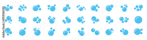 Soap bubbles and foam blue icons, hygiene cleaning water detergent symbols, minimal round vector set for bath shower washing isolated on transparent background