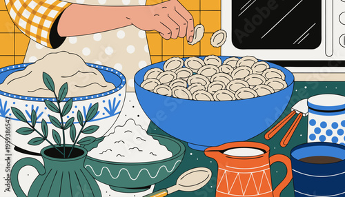 Artisan Chef Hand-Rolling Traditional Italian Orecchiette Pasta in Rustic Modern Kitchen Interior