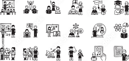Black and white education set of twenty four school students teachers
