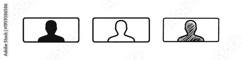 User Profile Display Icon Set - Person Avatars in Rectangular Frames in Solid, Outline, and Doodle Styles