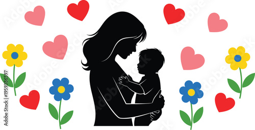 Silhouette of a mother tenderly holding her baby surrounded by decorative hearts and bright cartoon flowers.
