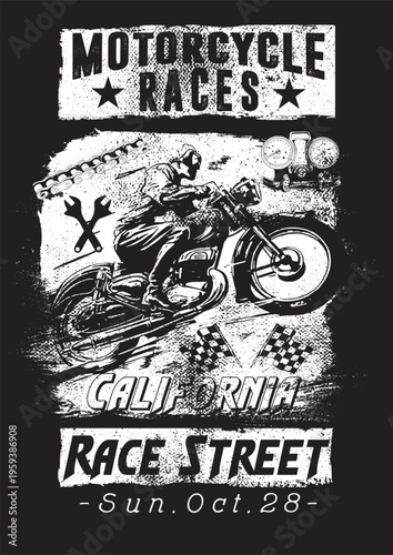 Motorcycle races graphic with racer, tools and california street