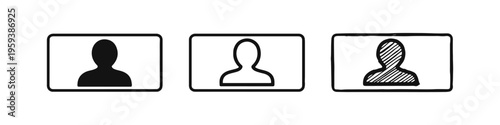 User Profile Display Icon Set - Person Avatars in Rectangular Frames in Solid, Outline, and Doodle Styles
