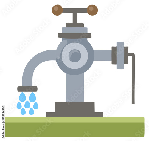 Stylized outdoor garden faucet dripping blue water drops, symbolizing resource conservation