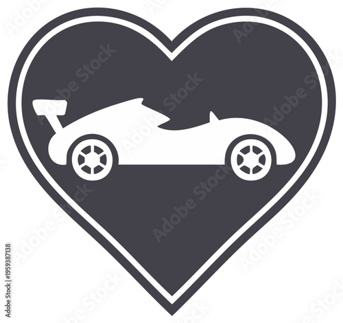 Car inside a heart shape, love for racing and vehicles in graphic design.