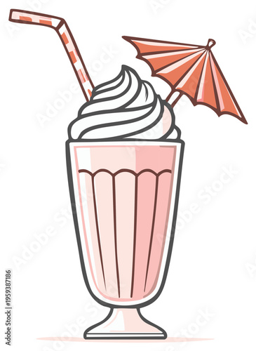 Milkshake illustration with straw and umbrella garnish in tall glass