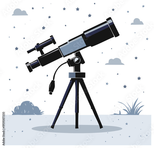 Illustration of a telescope observing the night sky with stars and clouds in the background