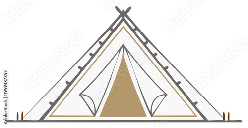 Stylized teepee shelter with geometric patterns and natural earth tones for outdoor adventure