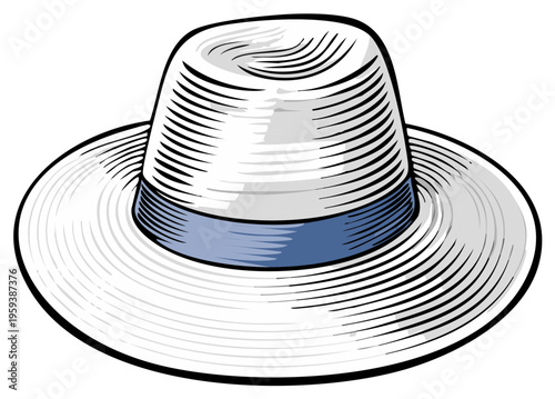Stylish white sun hat with blue ribbon illustration for apparel and design elements. Modern summer fashion accessory.