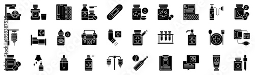 Treatments glyph style icons collection. Vector illustrations. Radiotherapy, Mouthwash, Blister pack, Medication, Plaster, Fish oil, Drugs, Medical prescription. Pro Vectors.