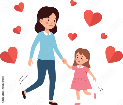 Mother and happy young daughter walk hand-in-hand across a white space surrounded by floating red paper hearts representing strong familial love.