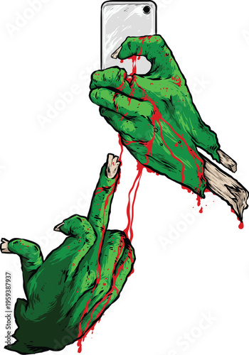 Zombie hand takes selfie with phone, blood splatter
