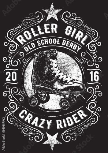 Roller girl old school derby graphic with skates with crazy rider