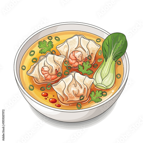 Asian Wonton Soup with Bok Choy and Shrimp, Illustration