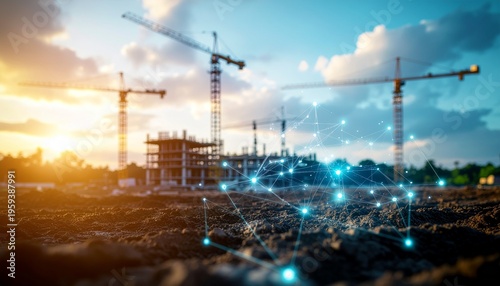 Construction site with digital data overlay smart engineering