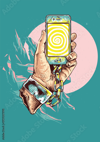 Hand chained to phone with hypnotic screen, digital addiction