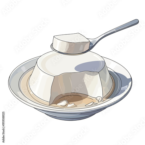 Creamy Panna Cotta Dessert with Spoon on White Plate