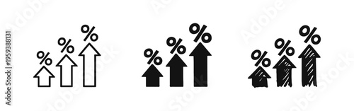 Increasing percentage with upward arrows icon set for growth, interest rates, or inflation