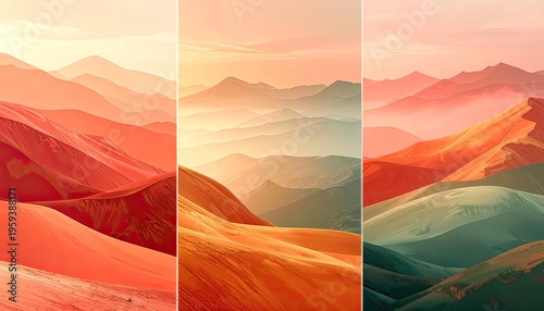 Triptych of vibrant desert dunes and misty mountains under a soft sky.