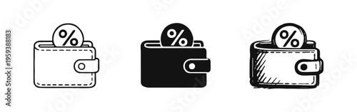 Wallet with percentage sign icon set for discount, savings, or financial promotions