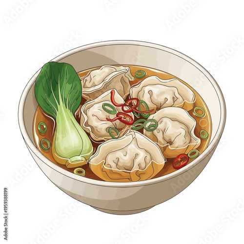 Delicious dumplings in broth with bok choy and chili garnish