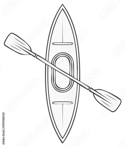 Line art of a top view kayak and paddle for outdoor recreation activities in black and white.