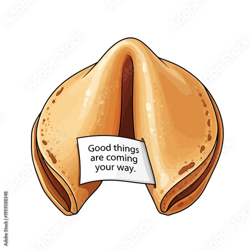 Fortune cookie with positive message on white background