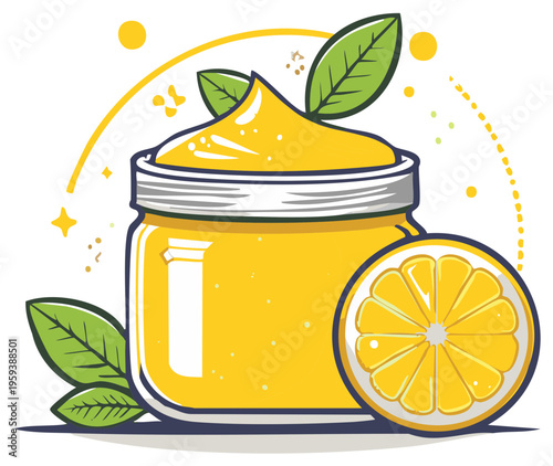 Vibrant yellow lemon cream in a glass jar with fresh lemon slice and leaves