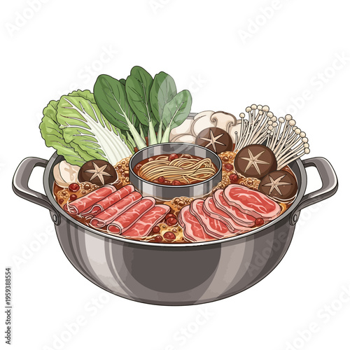 Hot Pot Feast: Assorted Ingredients and Meats in a Large Pot
