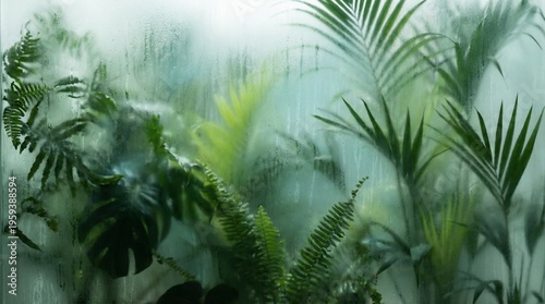 Lush green tropical foliage is viewed abstractly through a steamy condensation covered glass window creating a moody atmosphere.