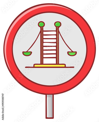 Cartoon illustration of a red circular sign with a ladder and scales symbol in the center.