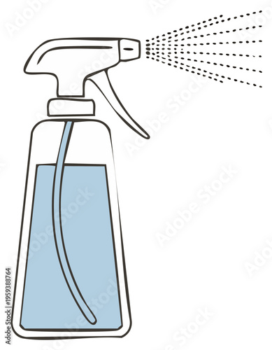 Hand drawn spray bottle emitting liquid droplets for cleaning or gardening use