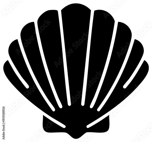 Silhouette Illustration of a Scallop Shell, Isolated on White, Simple Black Design