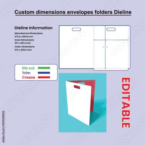 Custom dimensions envelopes folders dieline with measurements and visual representation template die cut.