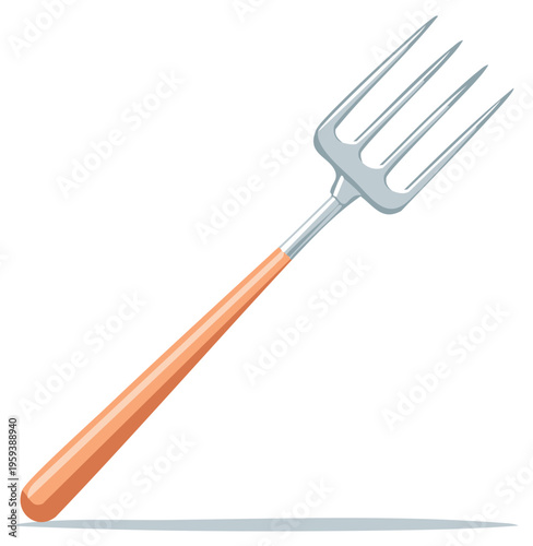 Pitchfork gardening tool with metal tines and wooden handle isolated on white