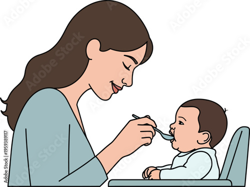 Caring adult woman gently feeds pureed food to an infant seated securely in a high chair with a spoon.