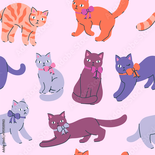 Seamless pattern with cats wearing bows on their necks. Vector graphics.