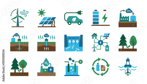 Collection of eco friendly icons and symbols for sustainable living and green technology.