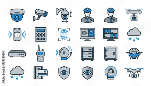 Security and surveillance system icons set.